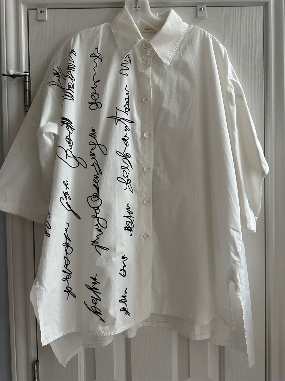 Luukaa White Button-Down Shirt Black Script Print 100% Cotton Size 12 Lagenlook